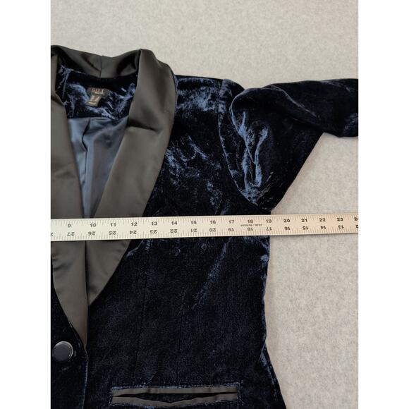 G.I.L.I. Womens Blue Velvet Blazer SZ 6 Black Satin Shawl Lapel Holiday Glam - Picture 5 of 14